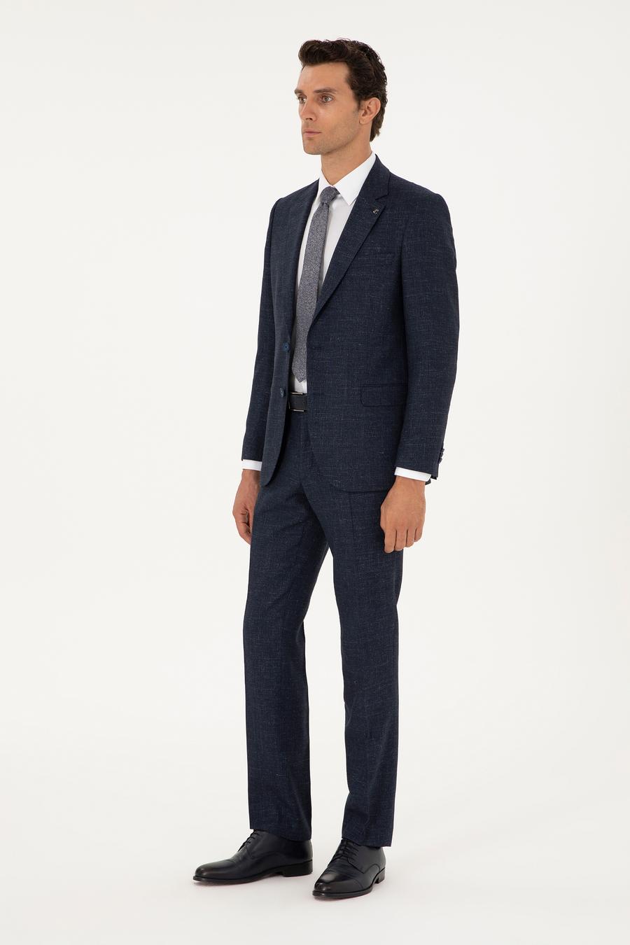 Lacivert Slim Fit Yün Keten Karışımlı Mikro Desenli Takım Elbise - 50296395011