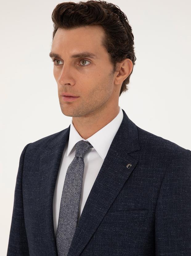 Lacivert Slim Fit Yün Keten Karışımlı Mikro Desenli Takım Elbise