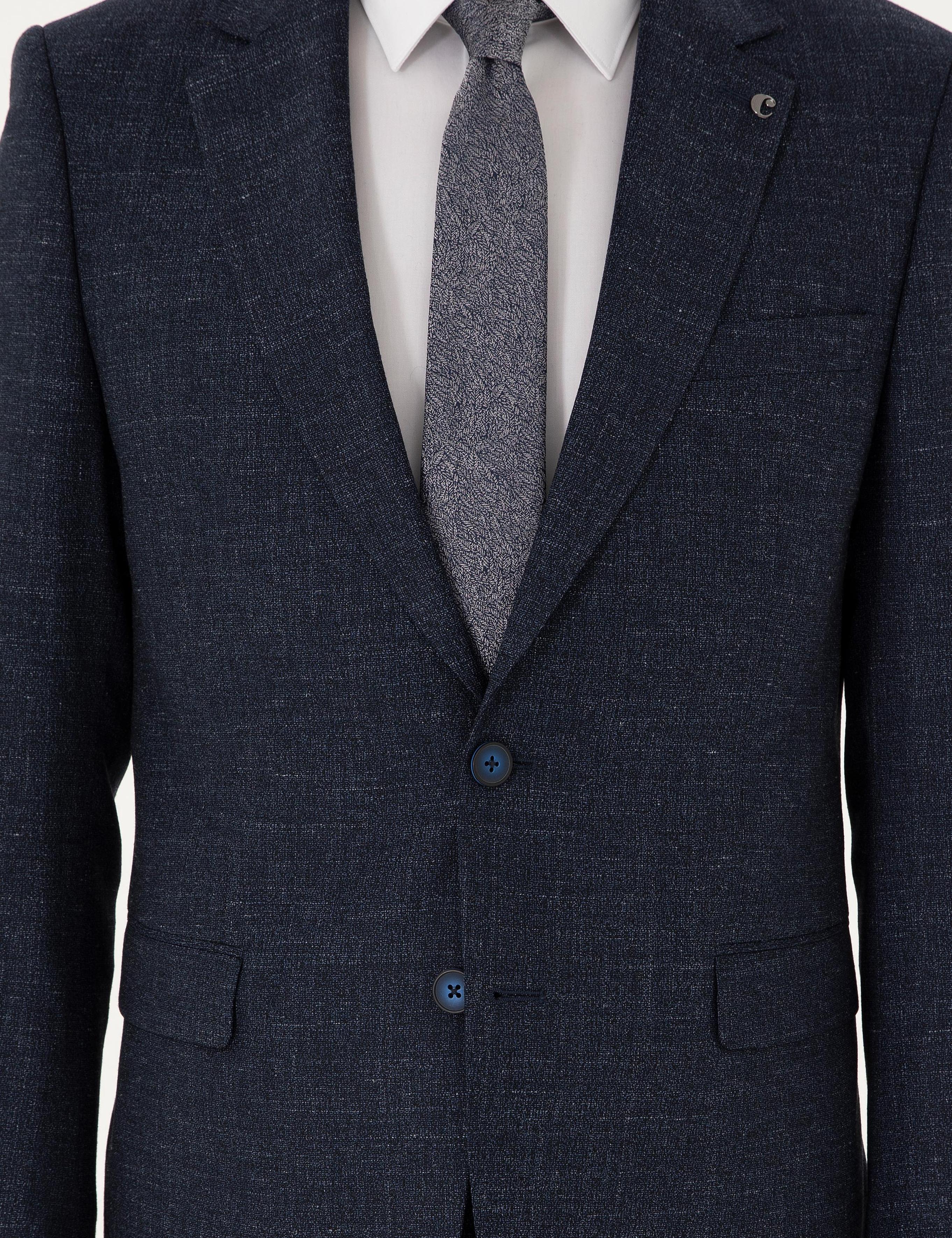 Lacivert Slim Fit Yün Keten Karışımlı Mikro Desenli Takım Elbise - 50296395011