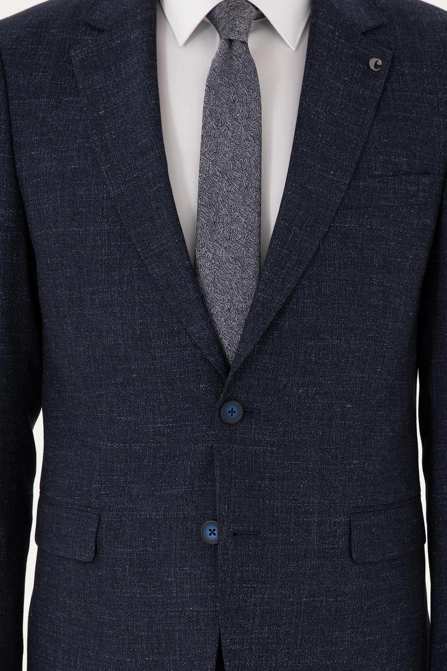 Lacivert Slim Fit Yün Keten Karışımlı Mikro Desenli Takım Elbise - 50296395011