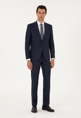 Lacivert Slim Fit Yün Keten Karışımlı Mikro Desenli Takım Elbise