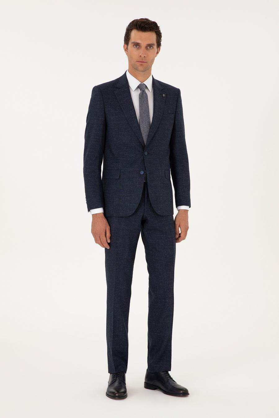 Lacivert Slim Fit Yün Keten Karışımlı Mikro Desenli Takım Elbise - 50296395011
