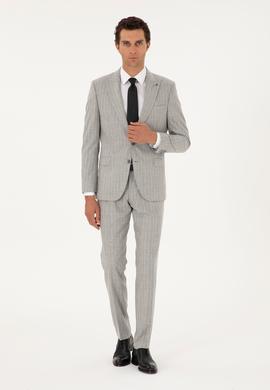 Açık Gri Slim Fit %100 Yün Kırlangıç Yaka Çizgili Takım Elbise