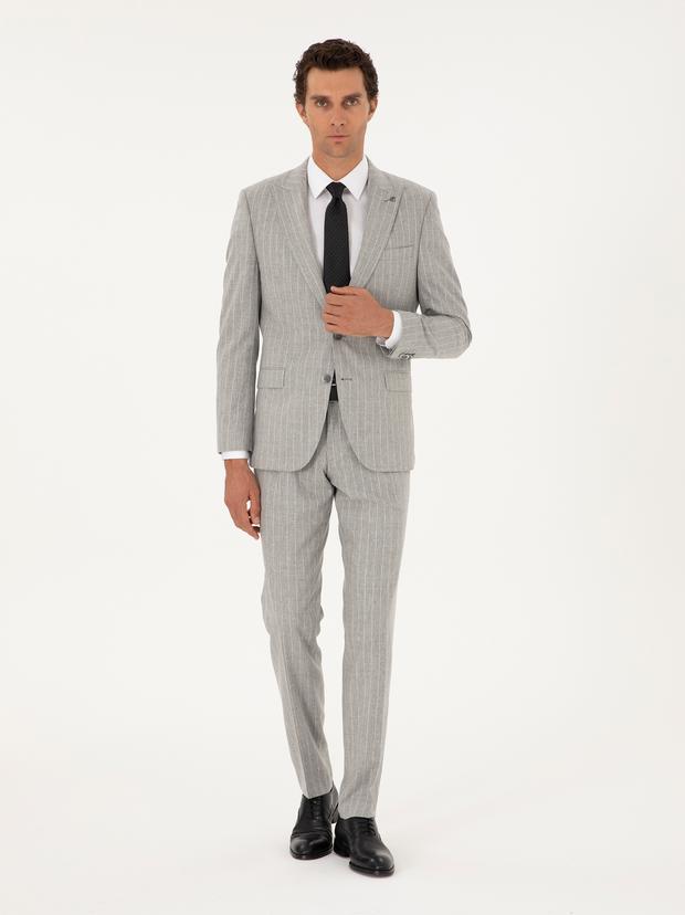 Açık Gri Slim Fit %100 Yün Kırlangıç Yaka Çizgili Takım Elbise