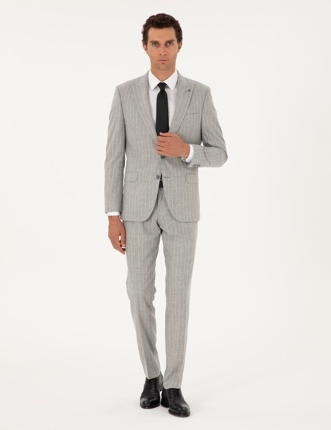 Açık Gri Slim Fit %100 Yün Kırlangıç Yaka Çizgili Takım Elbise
