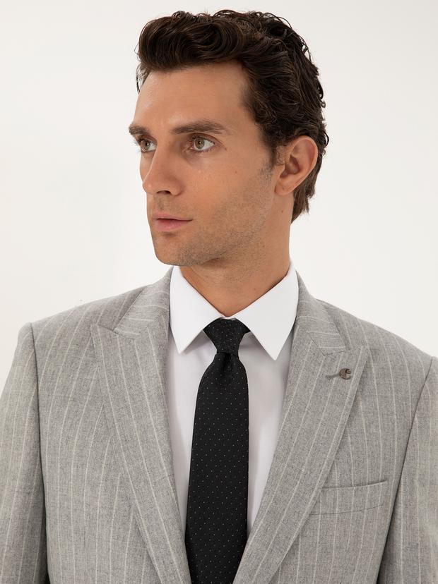 Açık Gri Slim Fit %100 Yün Kırlangıç Yaka Çizgili Takım Elbise
