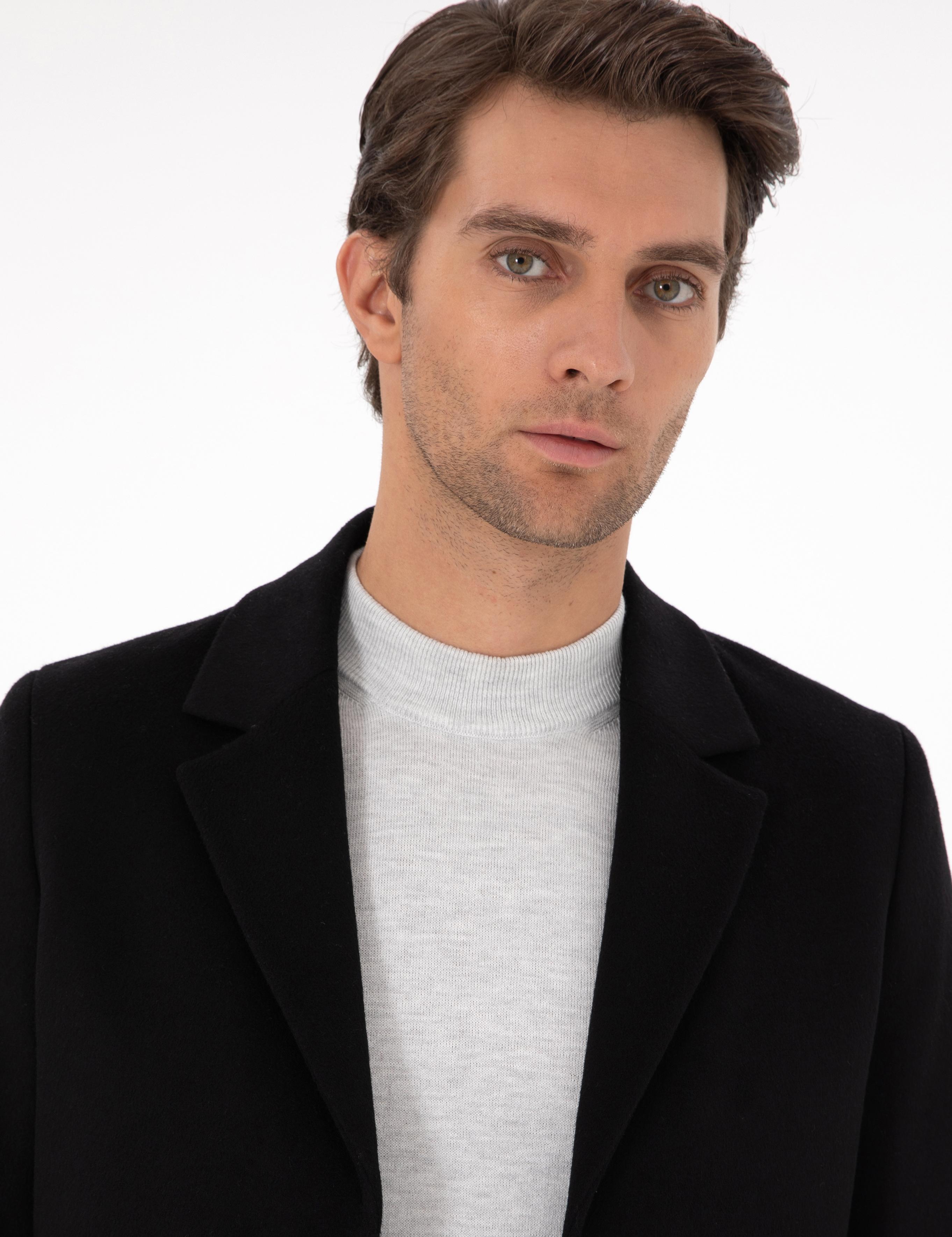 Siyah Yün Karışımlı Ekstra Slim Fit Palto - 50293650007