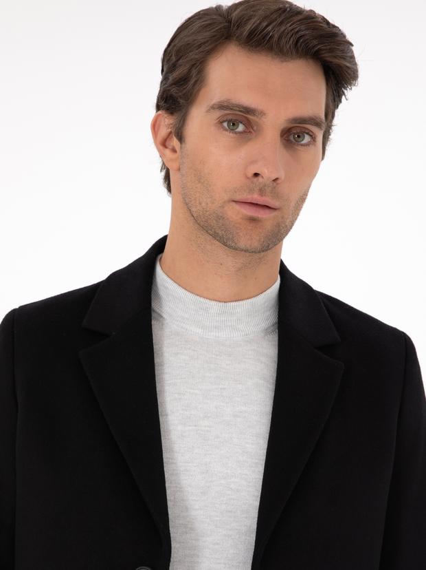 Siyah Yün Karışımlı Ekstra Slim Fit Palto