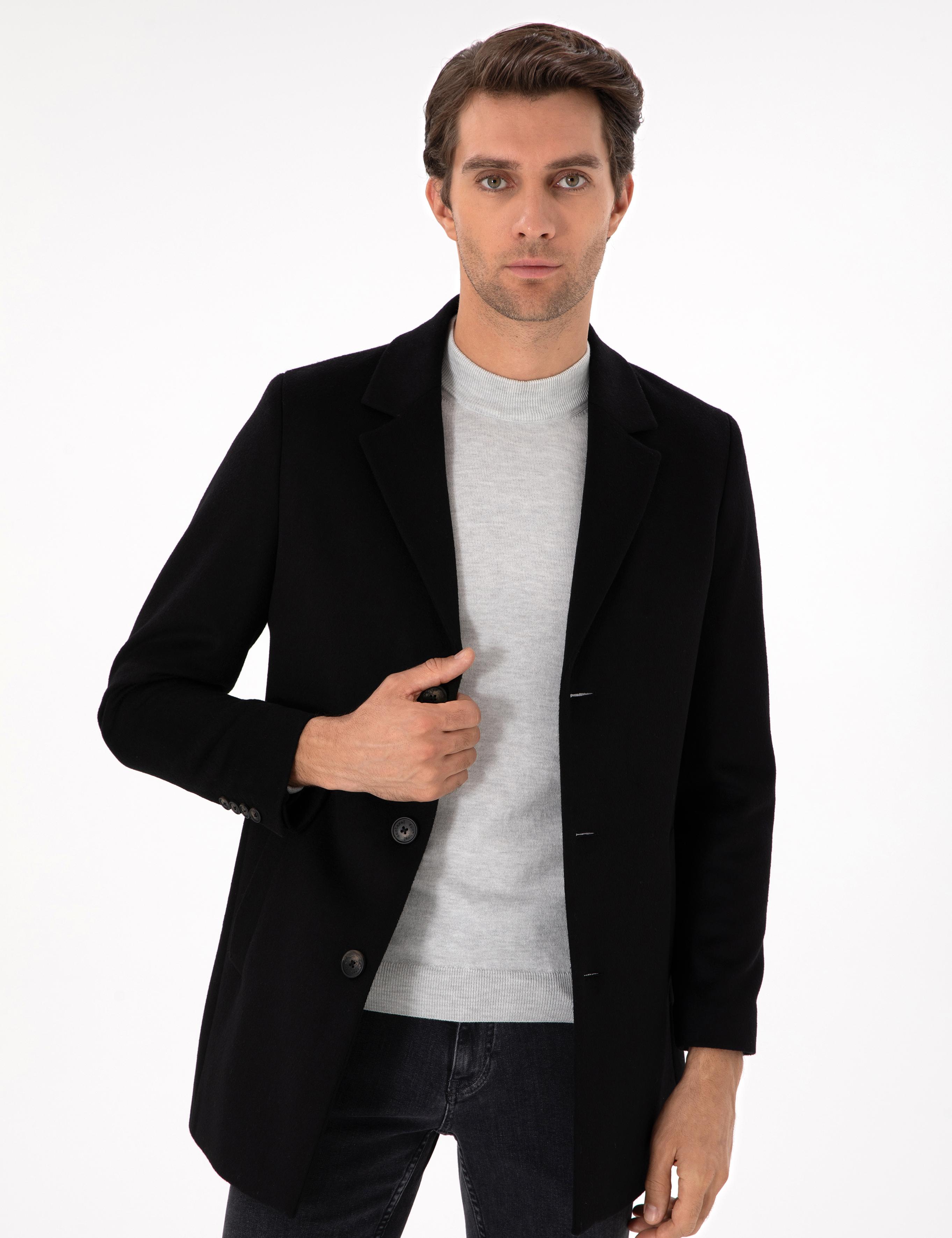 Siyah Yün Karışımlı Ekstra Slim Fit Palto - 50293650007