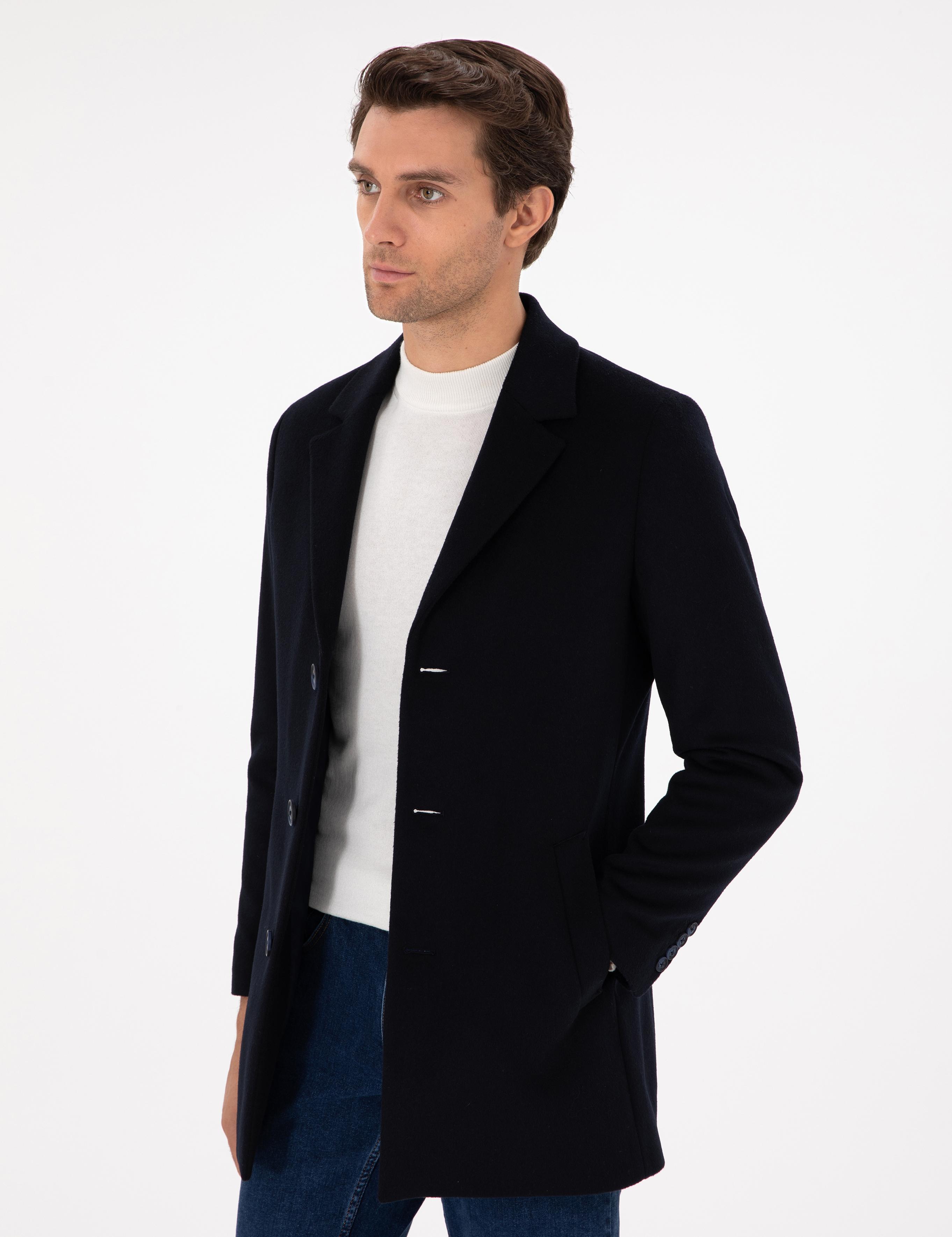 Lacivert Yün Karışımlı Ekstra Slim Fit Palto - 50293650019