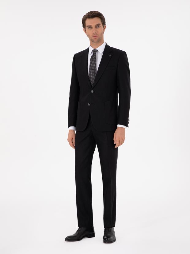 Siyah Slim Fit Yün Kaşmir Karışımlı Mikro Desenli Takım Elbise