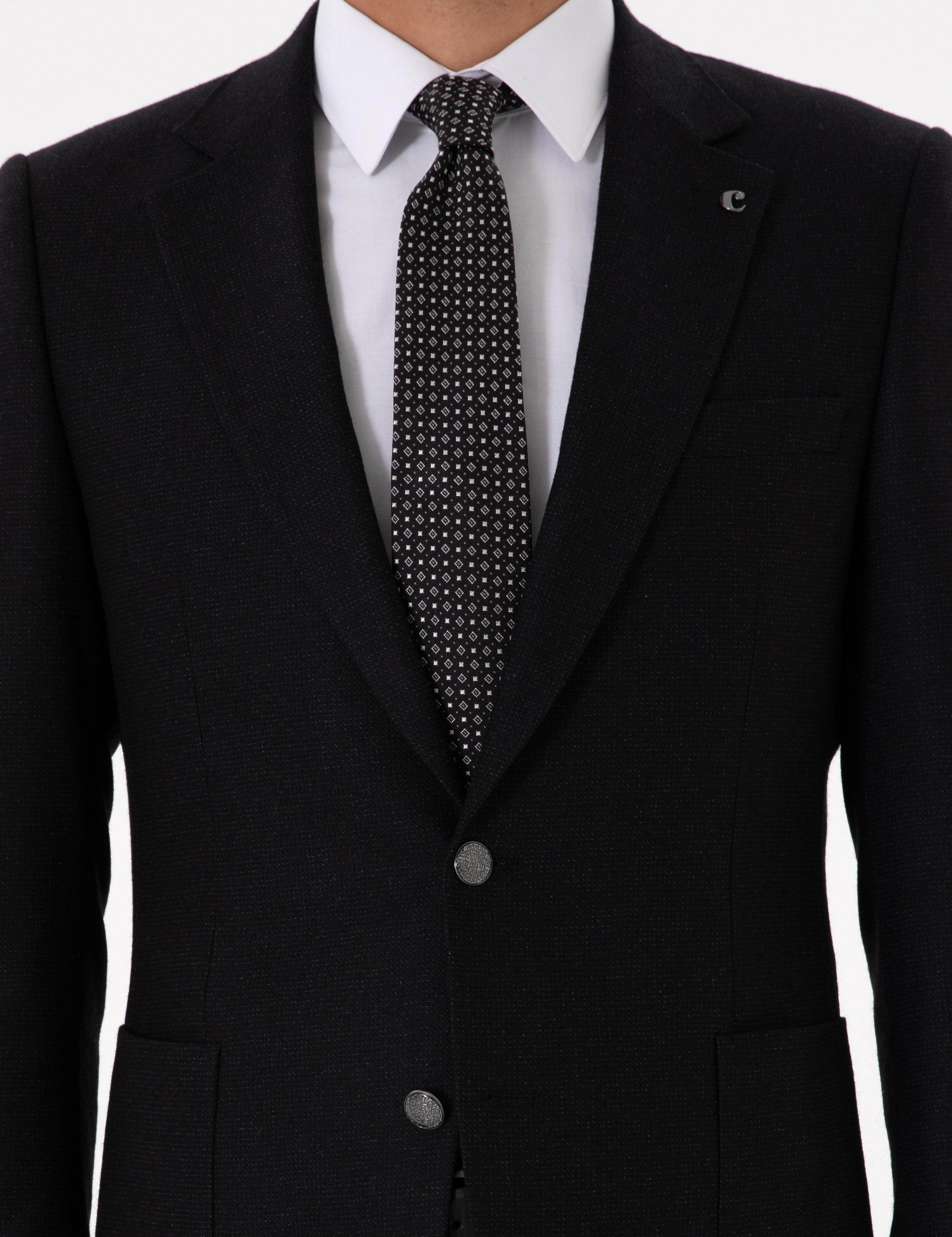 Siyah Slim Fit Yün Kaşmir Karışımlı Mikro Desenli Takım Elbise - 50296896053