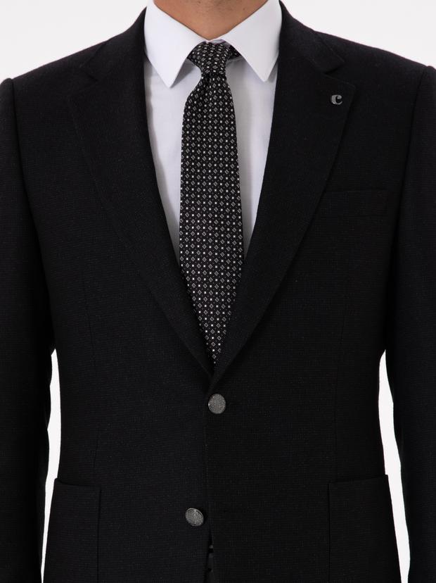 Siyah Slim Fit Yün Kaşmir Karışımlı Mikro Desenli Takım Elbise
