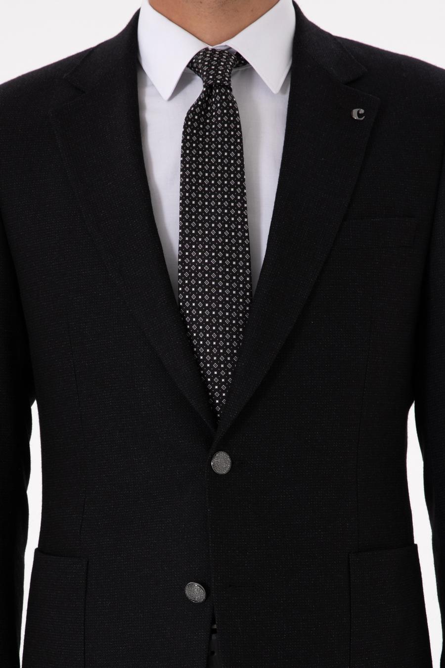 Siyah Slim Fit Yün Kaşmir Karışımlı Mikro Desenli Takım Elbise - 50296896053