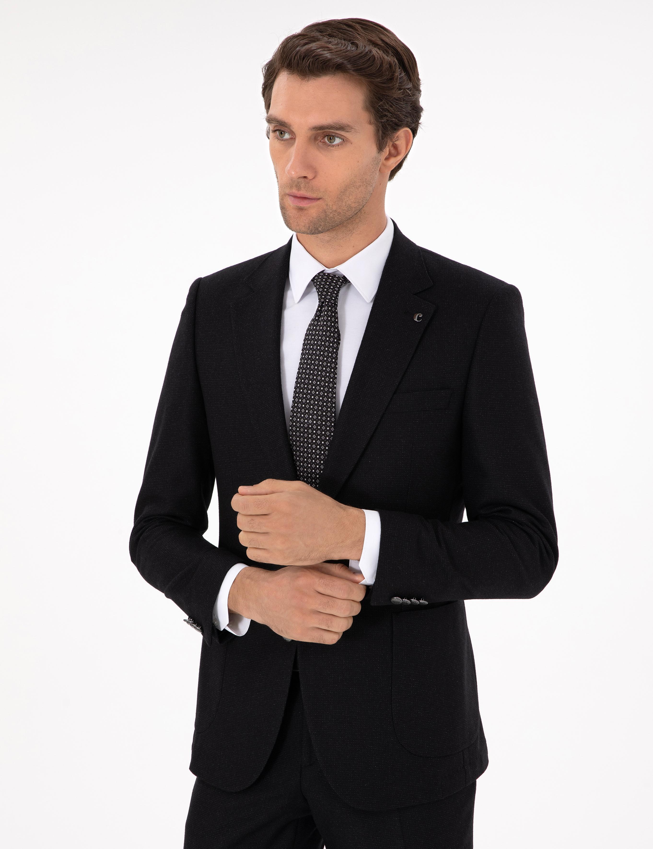 Siyah Slim Fit Yün Kaşmir Karışımlı Mikro Desenli Takım Elbise - 50296896053