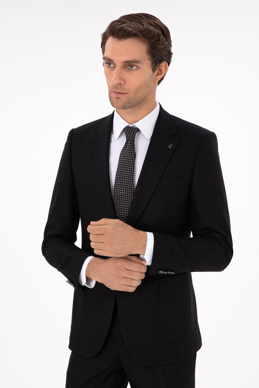 Siyah Slim Fit Yün Kaşmir Karışımlı Mikro Desenli Takım Elbise - 50296896053