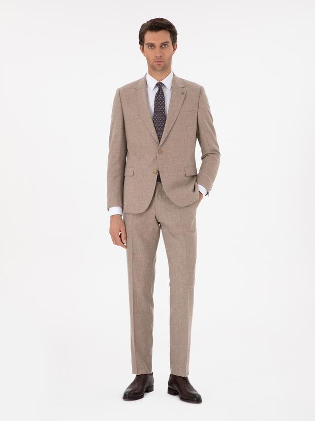 Bej Slim Fit Yün Kaşmir Karışımlı Mikro Desenli Takım Elbise