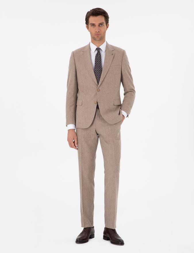 Bej Slim Fit Yün Kaşmir Karışımlı Mikro Desenli Takım Elbise