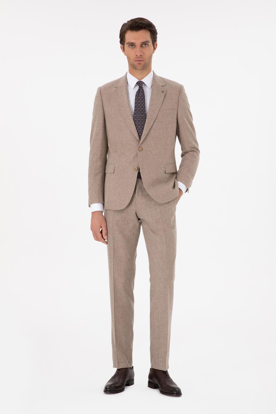 Bej Slim Fit Yün Kaşmir Karışımlı Mikro Desenli Takım Elbise - 50297088011