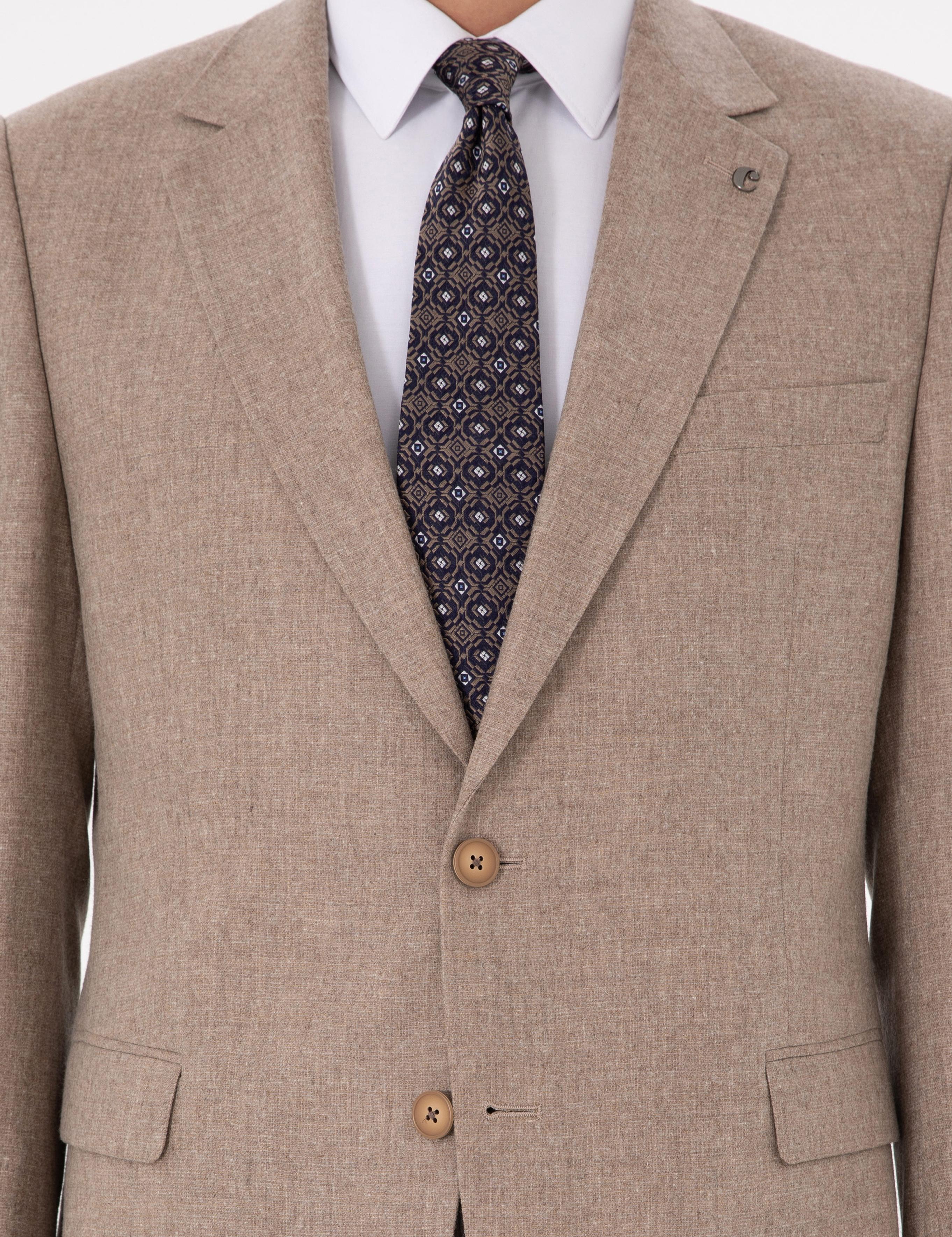 Bej Slim Fit Yün Kaşmir Karışımlı Mikro Desenli Takım Elbise - 50297088011