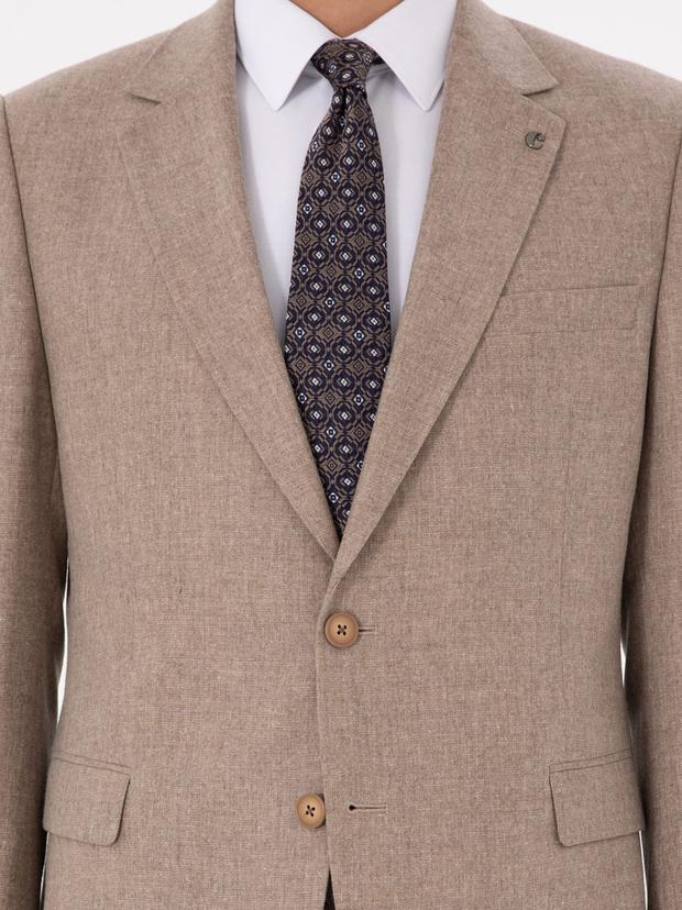 Bej Slim Fit Yün Kaşmir Karışımlı Mikro Desenli Takım Elbise