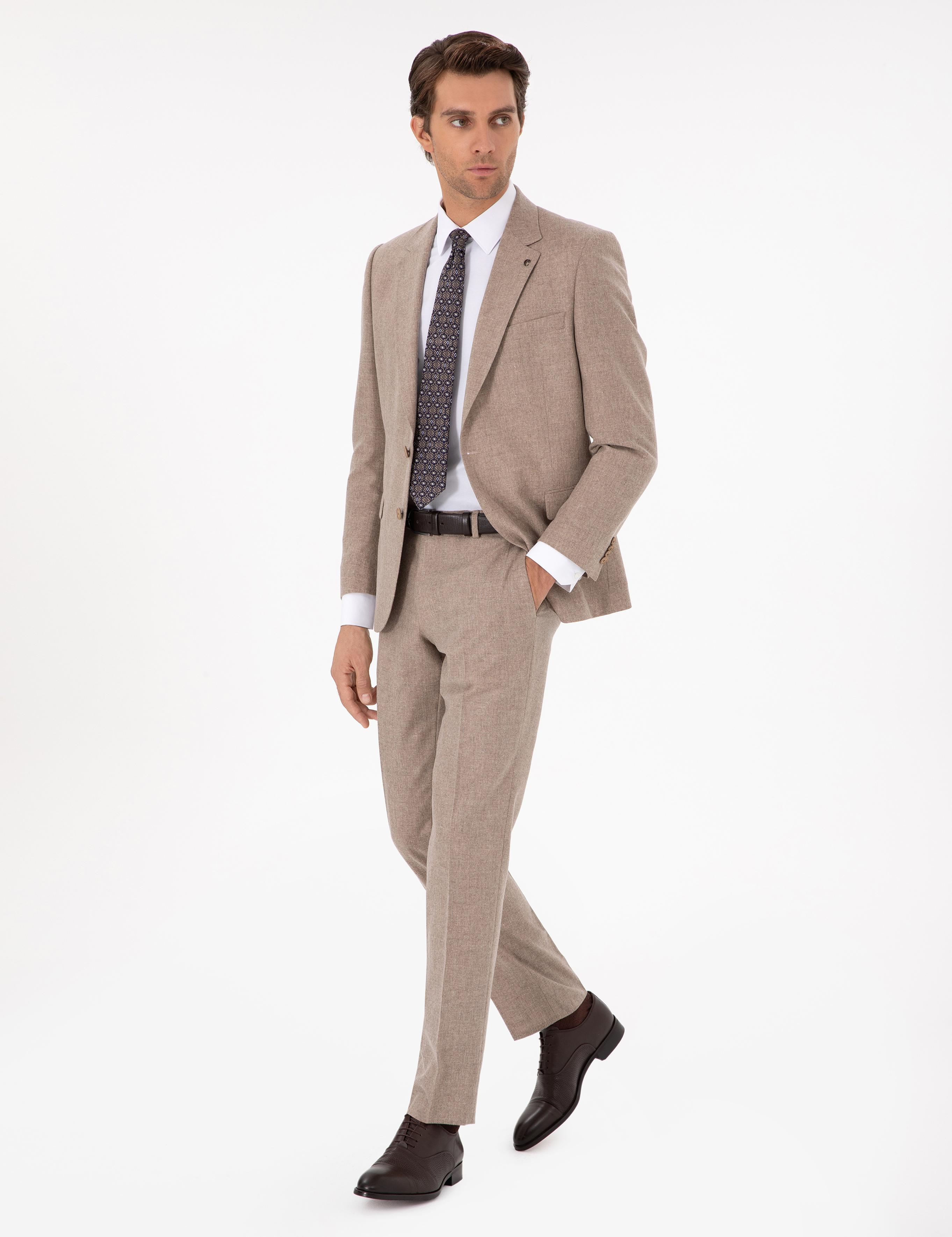 Bej Slim Fit Yün Kaşmir Karışımlı Mikro Desenli Takım Elbise - 50297088011
