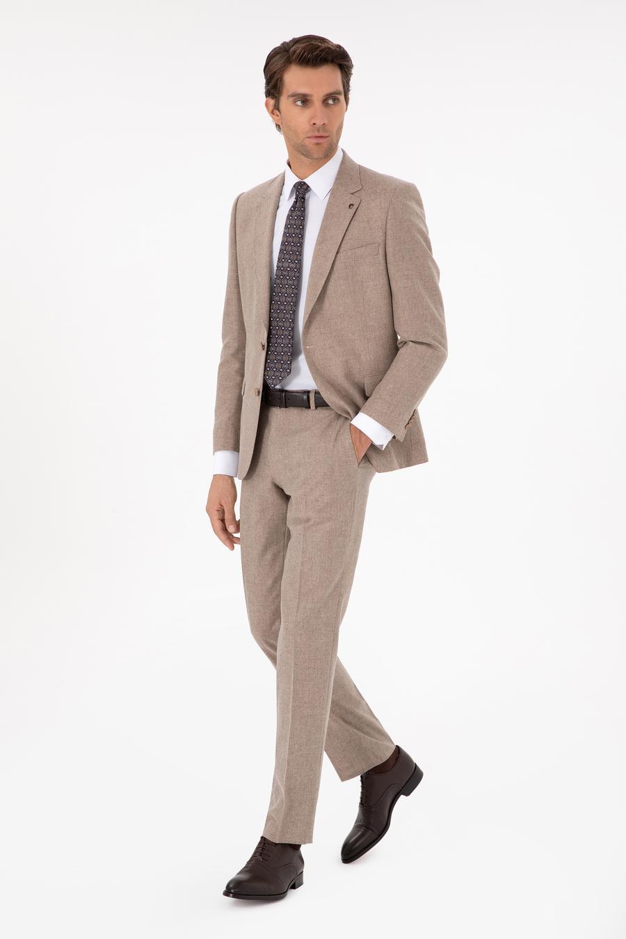 Bej Slim Fit Yün Kaşmir Karışımlı Mikro Desenli Takım Elbise - 50297088011