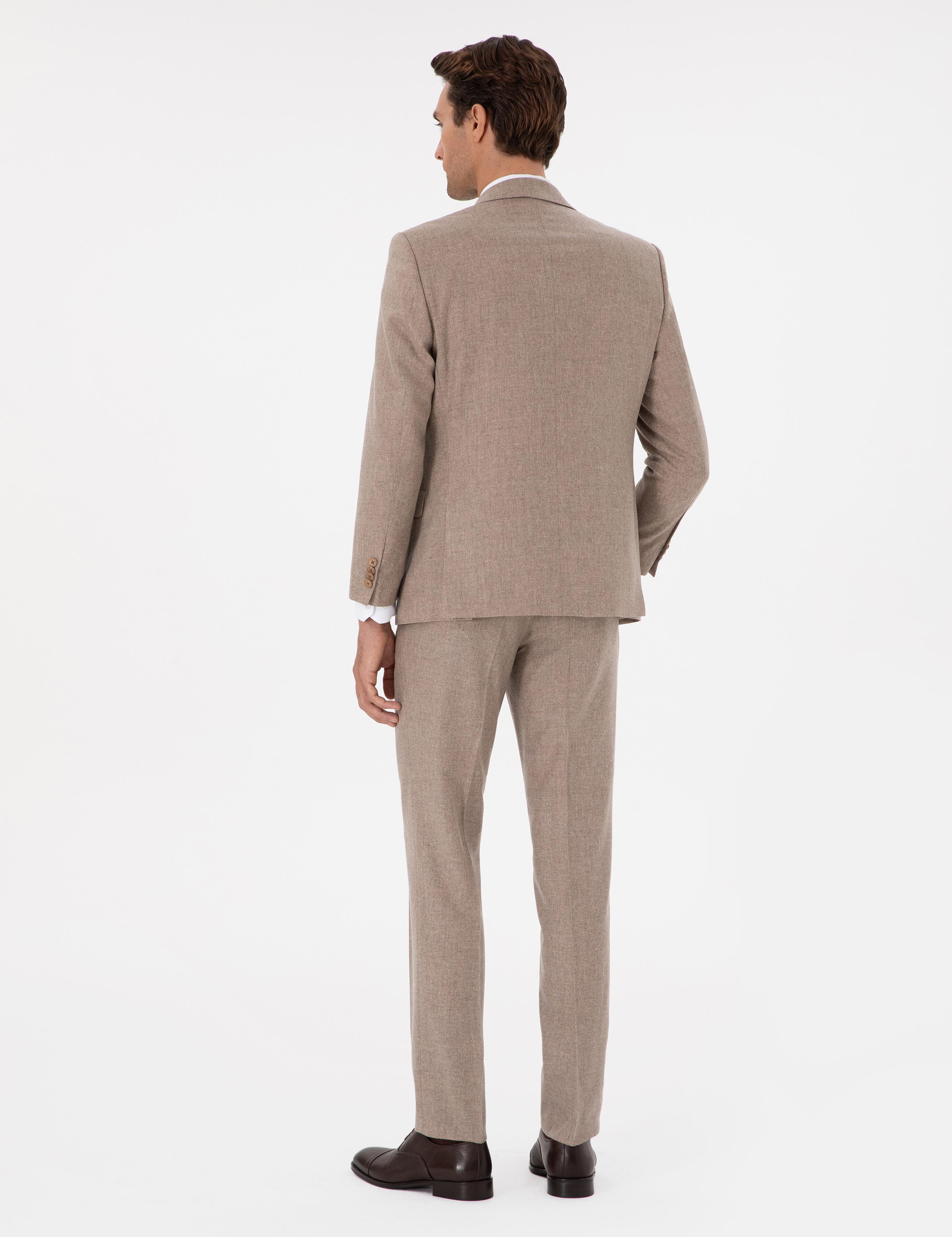 Bej Slim Fit Yün Kaşmir Karışımlı Mikro Desenli Takım Elbise - 50297088011
