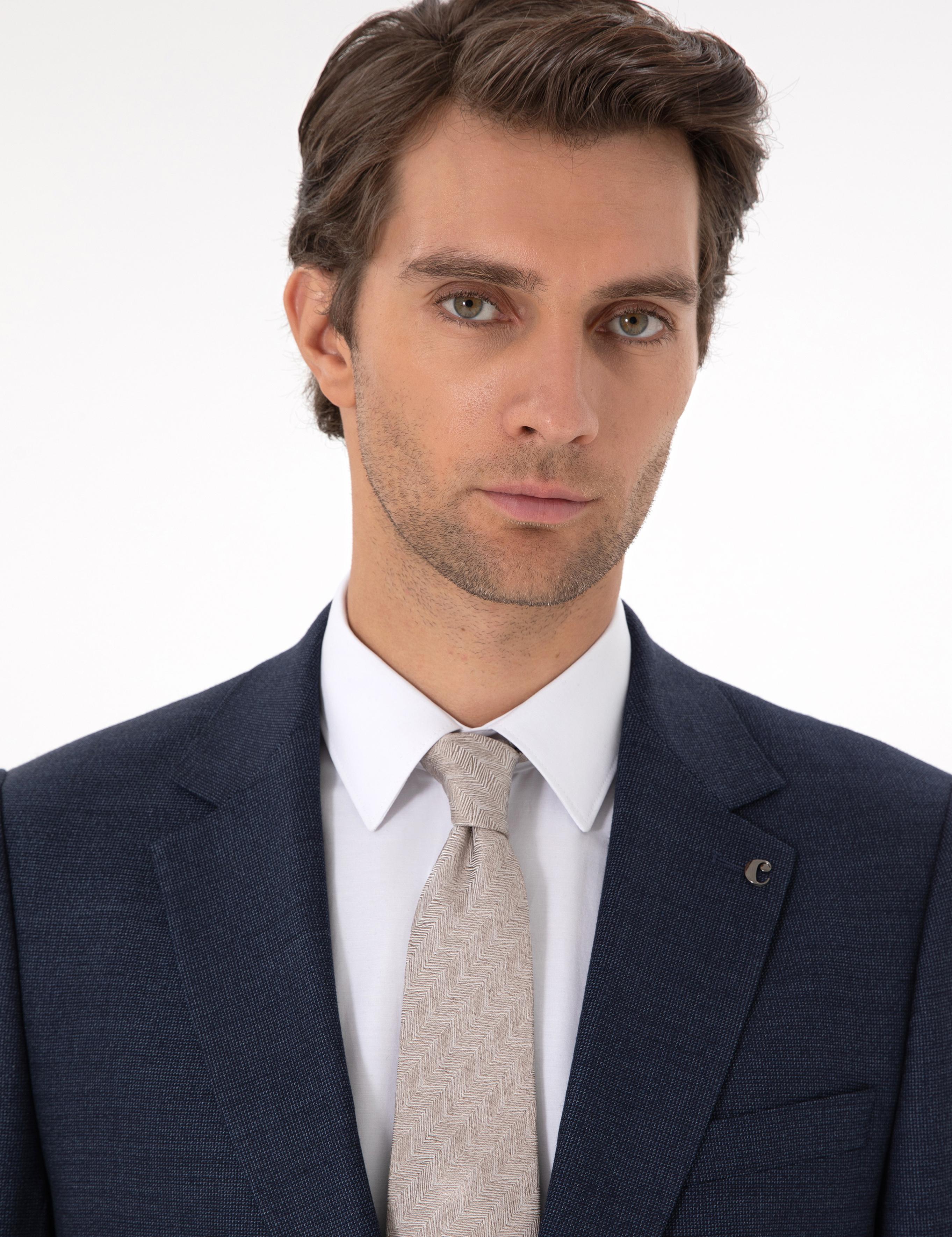 Lacivert Slim Fit Yün Karışımlı Mikro Desenli Takım Elbise - 50291066020
