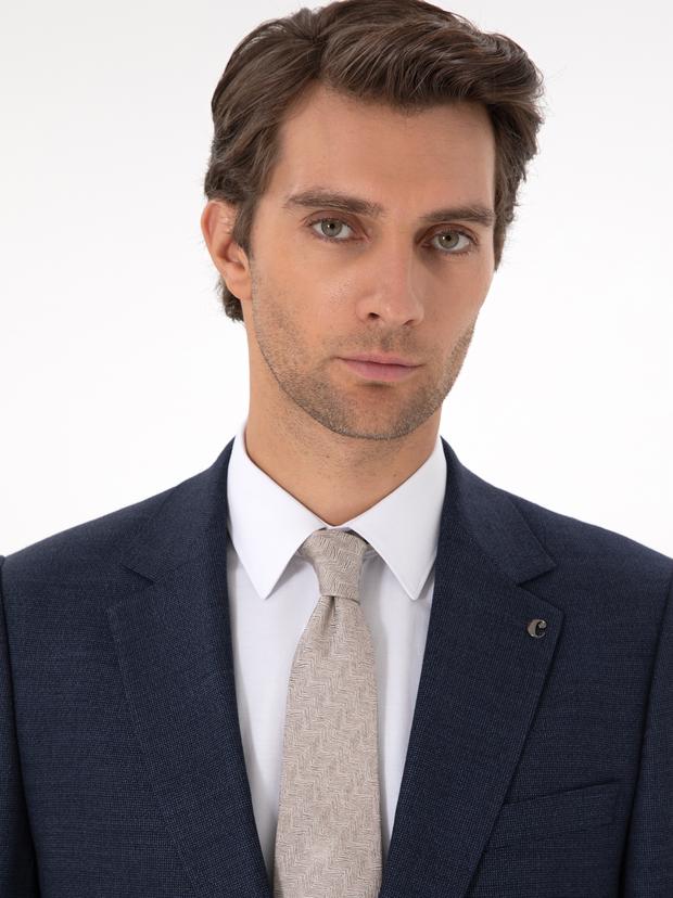 Lacivert Slim Fit Yün Karışımlı Mikro Desenli Takım Elbise