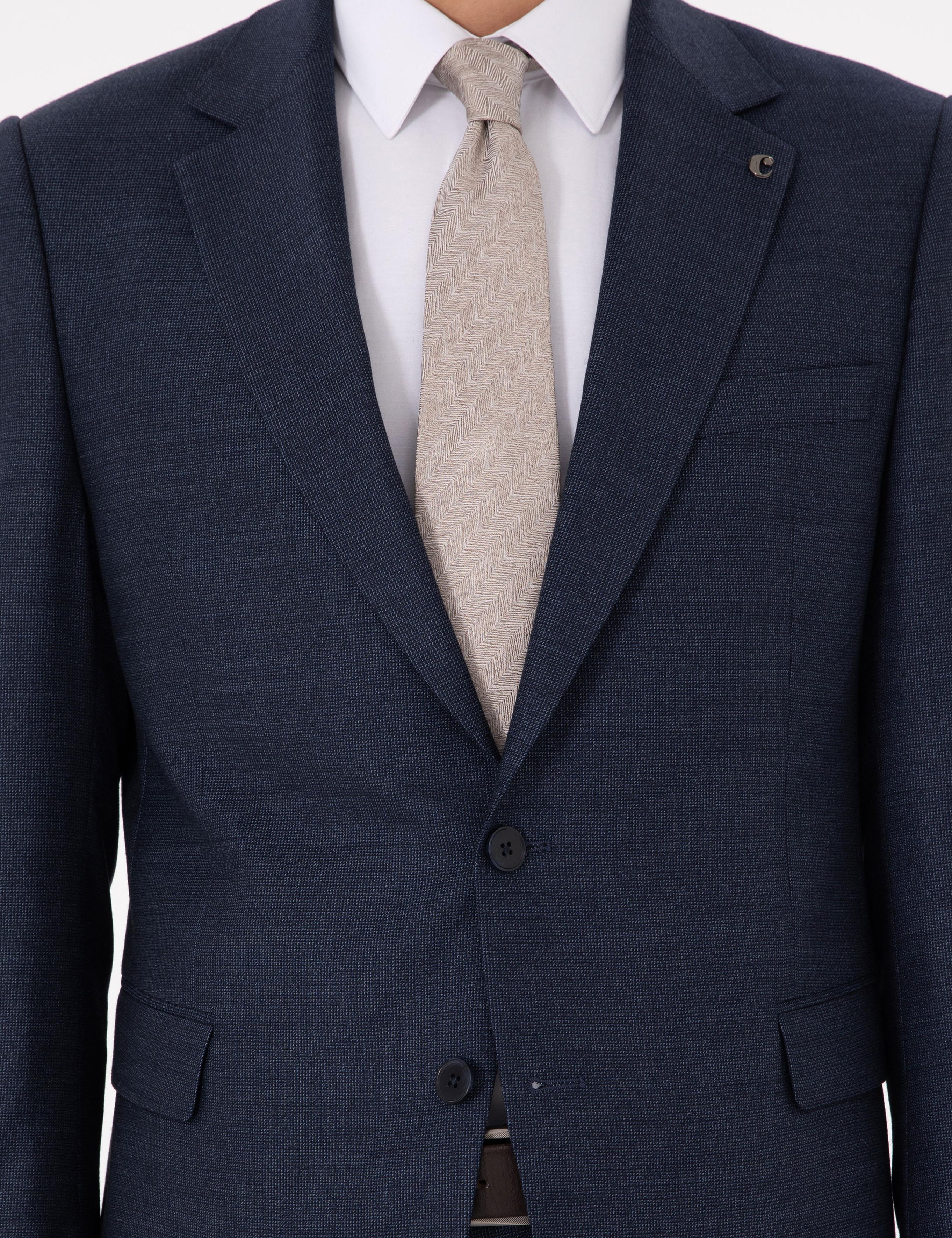 Lacivert Slim Fit Yün Karışımlı Mikro Desenli Takım Elbise - 50291066020