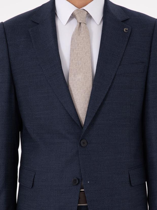 Lacivert Slim Fit Yün Karışımlı Mikro Desenli Takım Elbise
