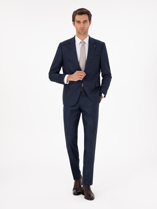Lacivert Slim Fit Yün Karışımlı Mikro Desenli Takım Elbise