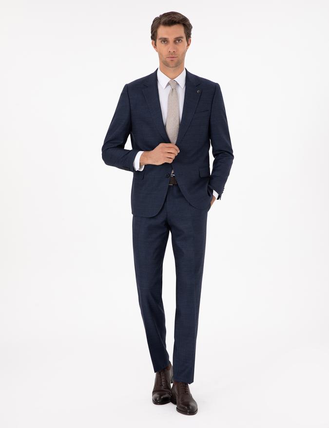 Lacivert Slim Fit Yün Karışımlı Mikro Desenli Takım Elbise