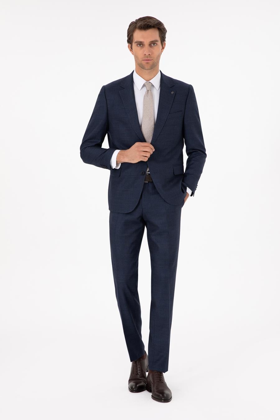 Lacivert Slim Fit Yün Karışımlı Mikro Desenli Takım Elbise - 50291066020