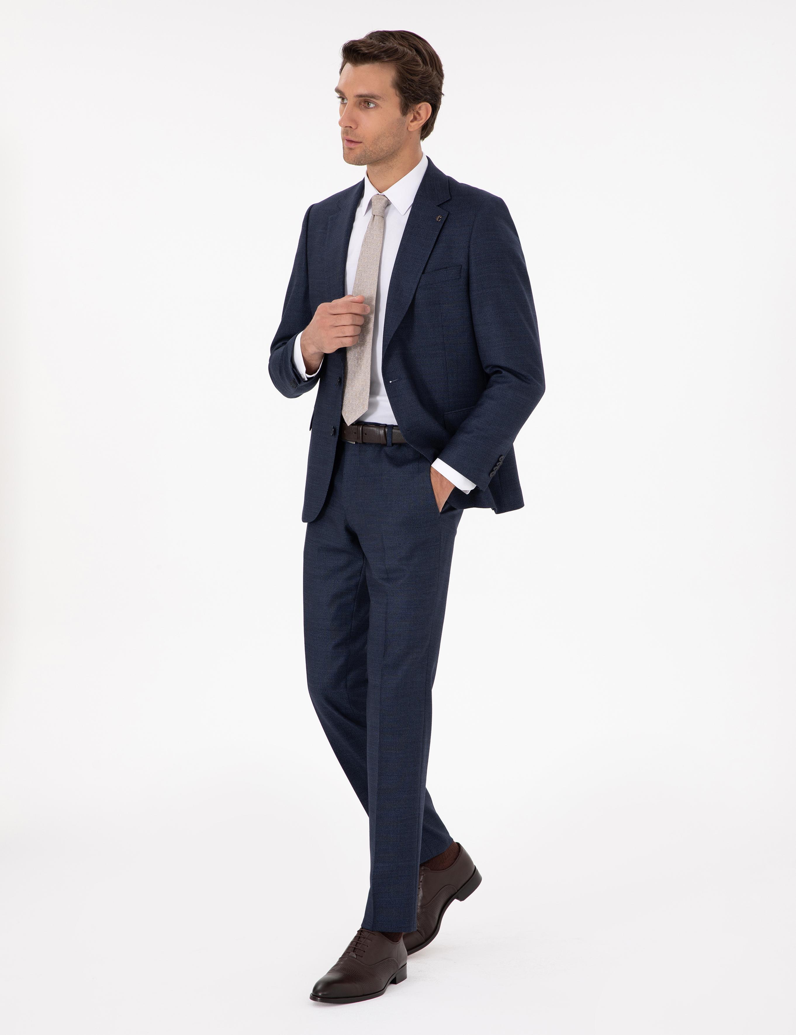 Lacivert Slim Fit Yün Karışımlı Mikro Desenli Takım Elbise - 50291066020