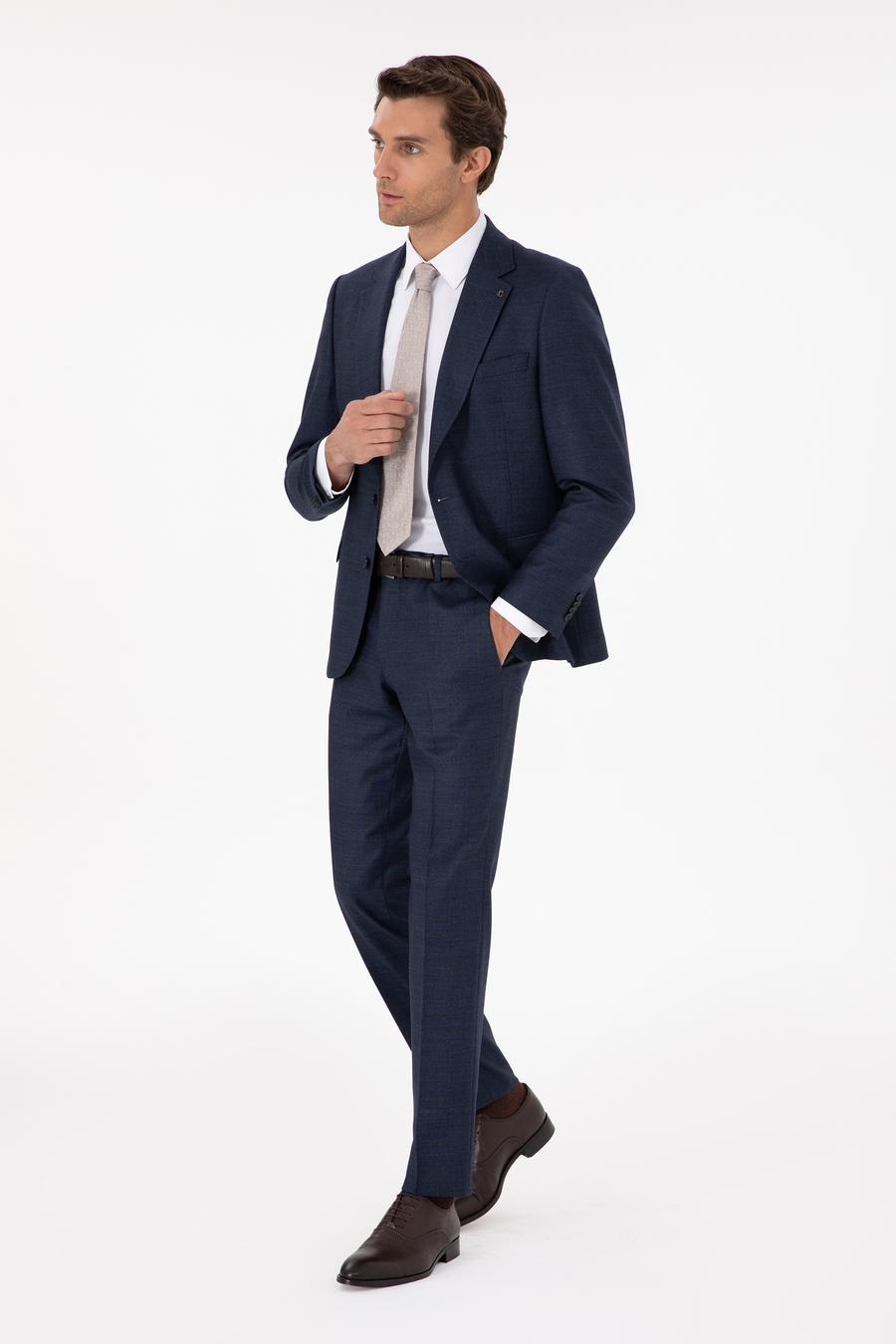 Lacivert Slim Fit Yün Karışımlı Mikro Desenli Takım Elbise - 50291066020
