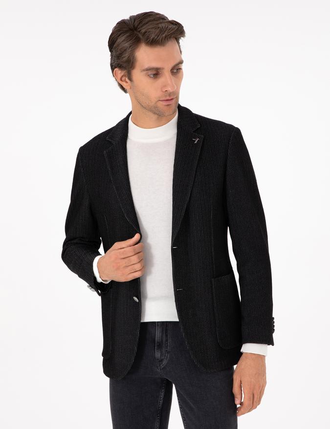 Siyah Slim Fit Yün Karışımlı Blazer Ceket