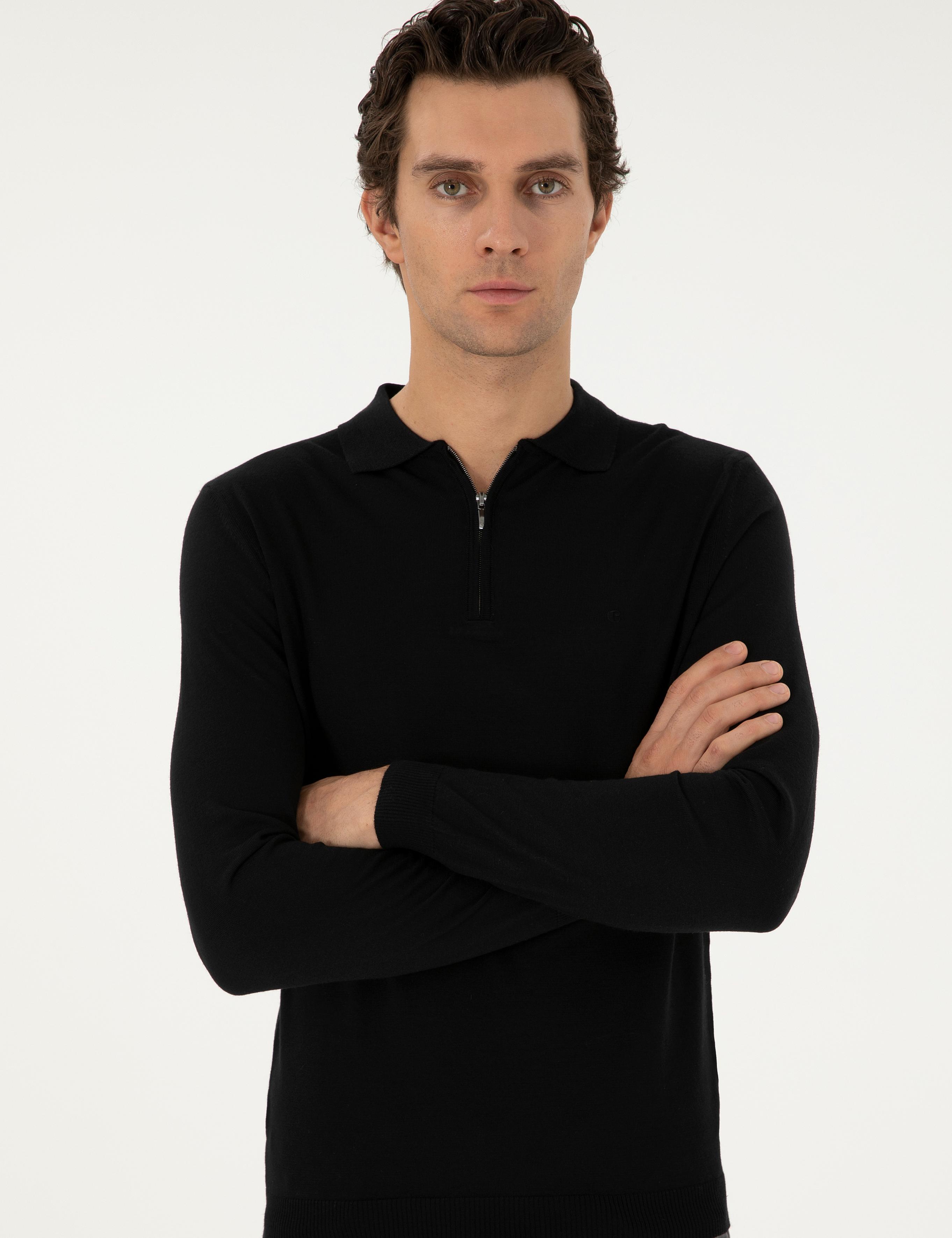 Siyah Regular Fit Yün Karışımlı Fermuarlı Polo Yaka Basic Triko Kazak - 50296495009