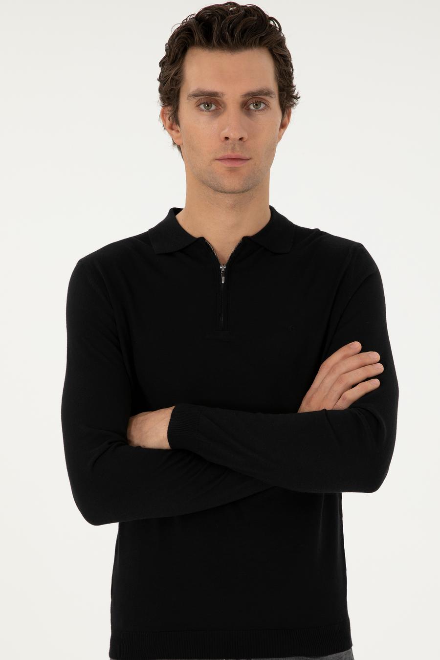 Siyah Regular Fit Yün Karışımlı Fermuarlı Polo Yaka Basic Triko Kazak - 50296495009