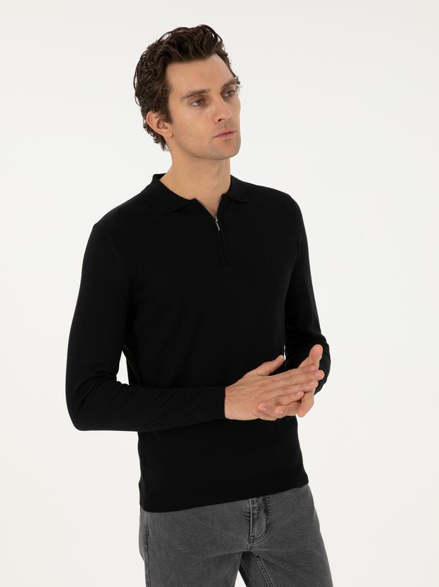 Siyah Regular Fit Yün Karışımlı Fermuarlı Polo Yaka Basic Triko Kazak
