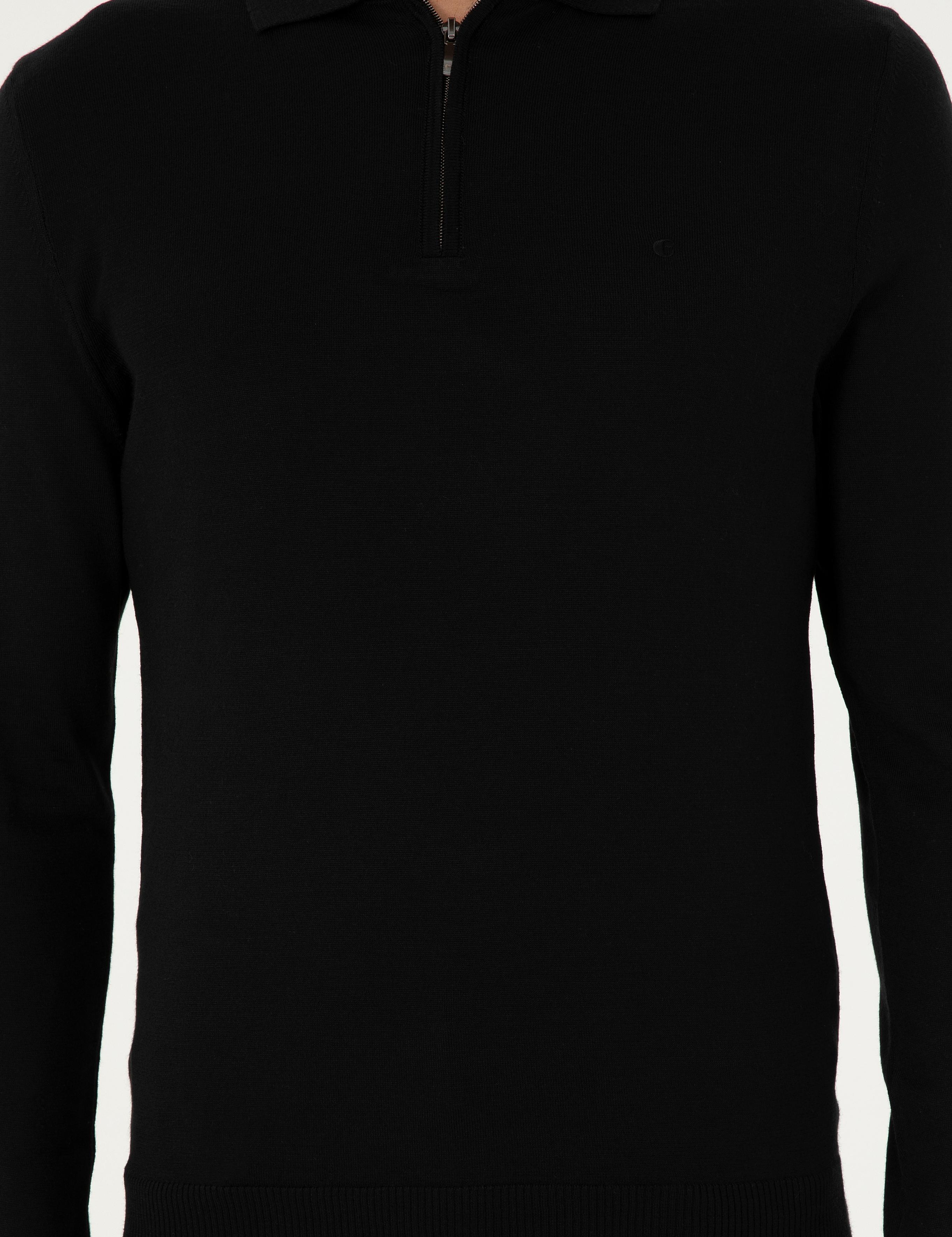 Siyah Regular Fit Yün Karışımlı Fermuarlı Polo Yaka Basic Triko Kazak - 50296495009