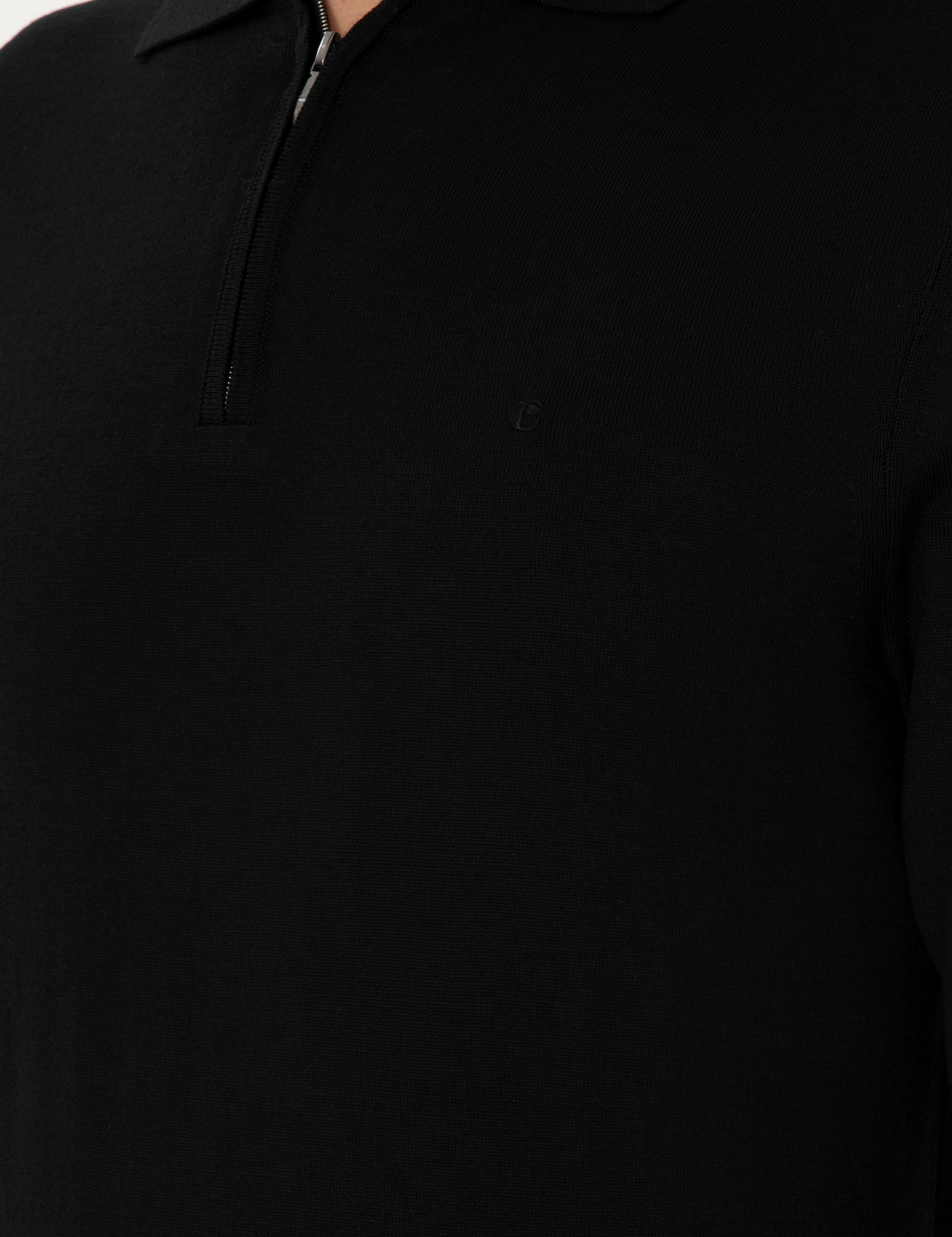 Siyah Regular Fit Yün Karışımlı Fermuarlı Polo Yaka Basic Triko Kazak - 50296495009