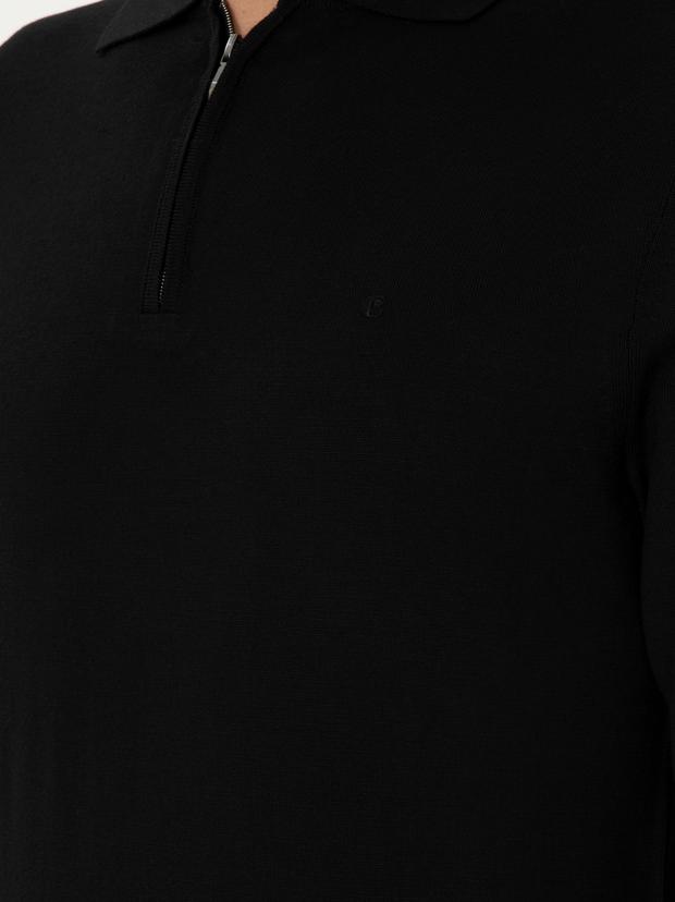 Siyah Regular Fit Yün Karışımlı Fermuarlı Polo Yaka Basic Triko Kazak