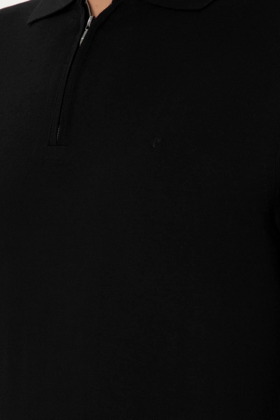 Siyah Regular Fit Yün Karışımlı Fermuarlı Polo Yaka Basic Triko Kazak - 50296495009