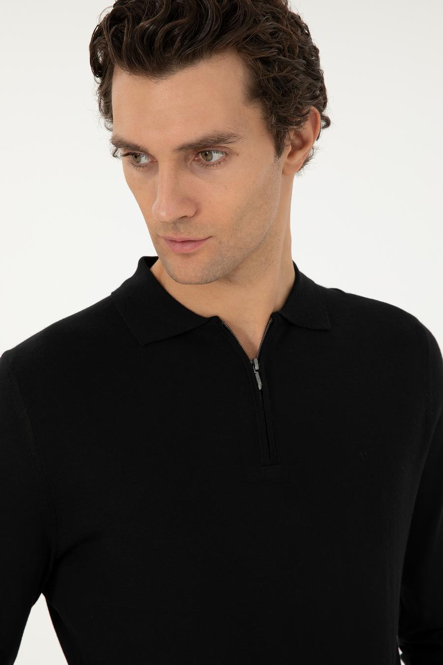Siyah Regular Fit Yün Karışımlı Fermuarlı Polo Yaka Basic Triko Kazak - 50296495009