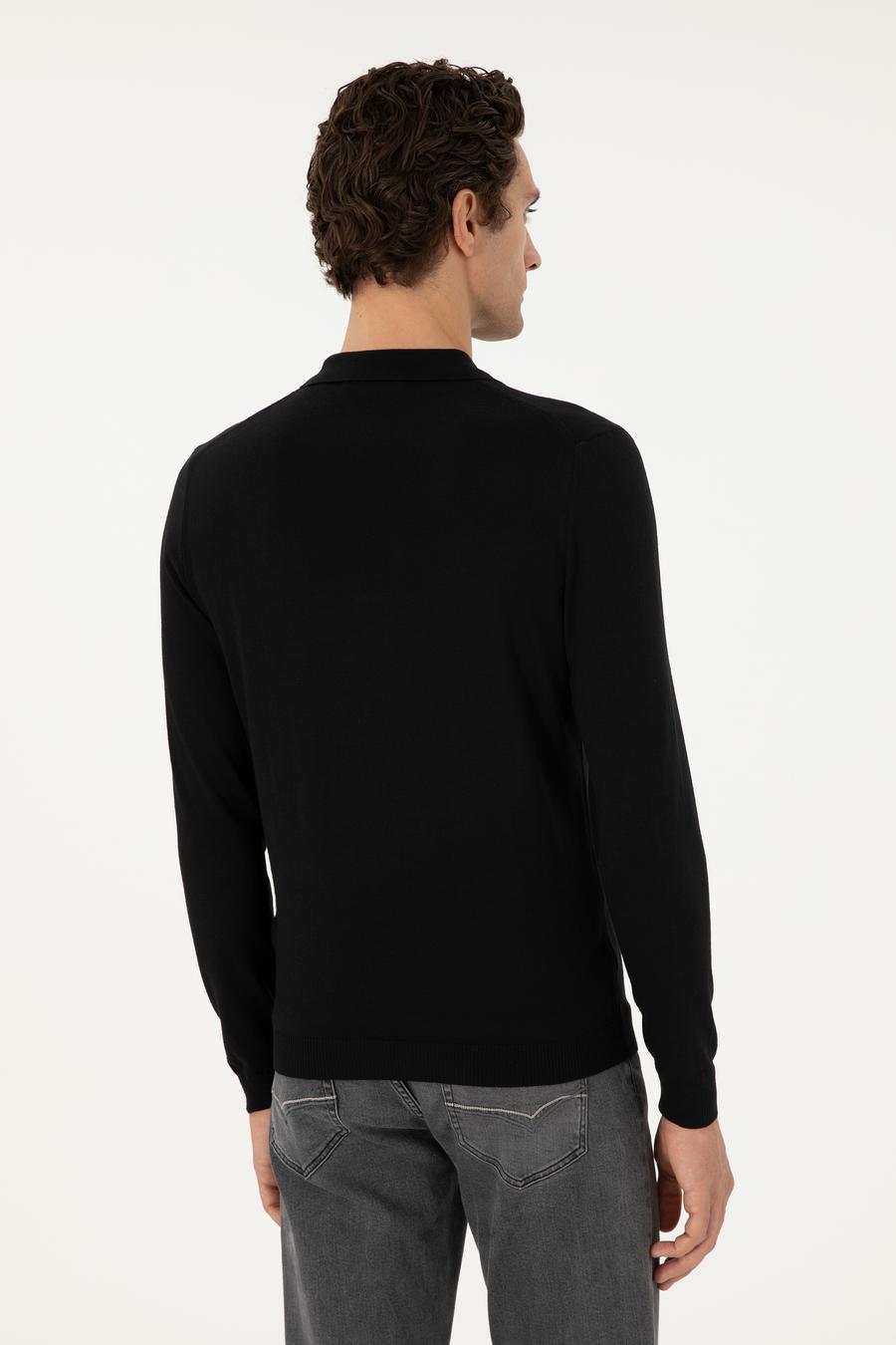 Siyah Regular Fit Yün Karışımlı Fermuarlı Polo Yaka Basic Triko Kazak - 50296495009
