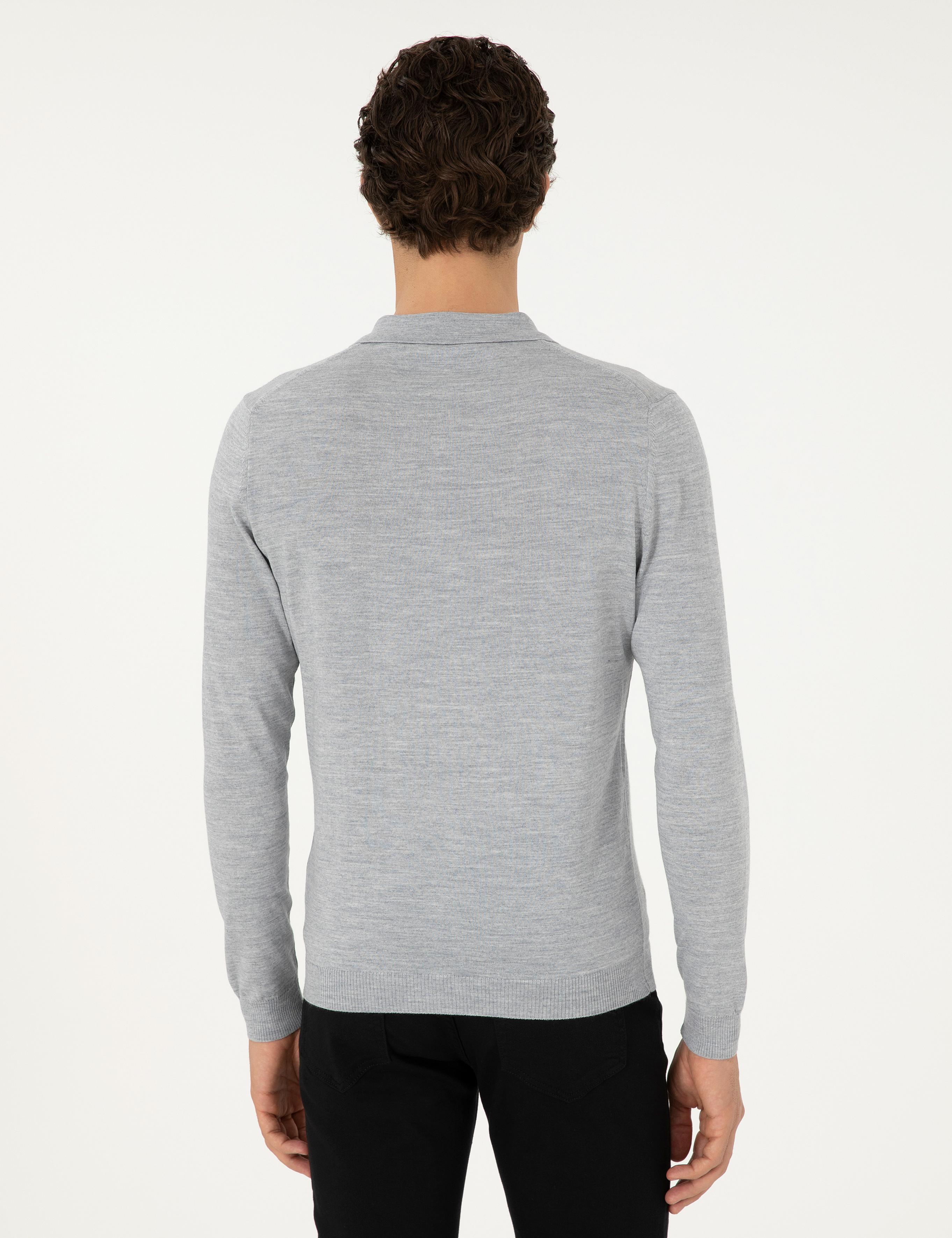 Gri Regular Fit Yün Karışımlı Fermuarlı Polo Yaka Basic Triko Kazak - 50296495035