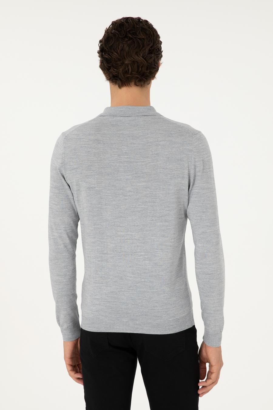 Gri Regular Fit Yün Karışımlı Fermuarlı Polo Yaka Basic Triko Kazak - 50296495035