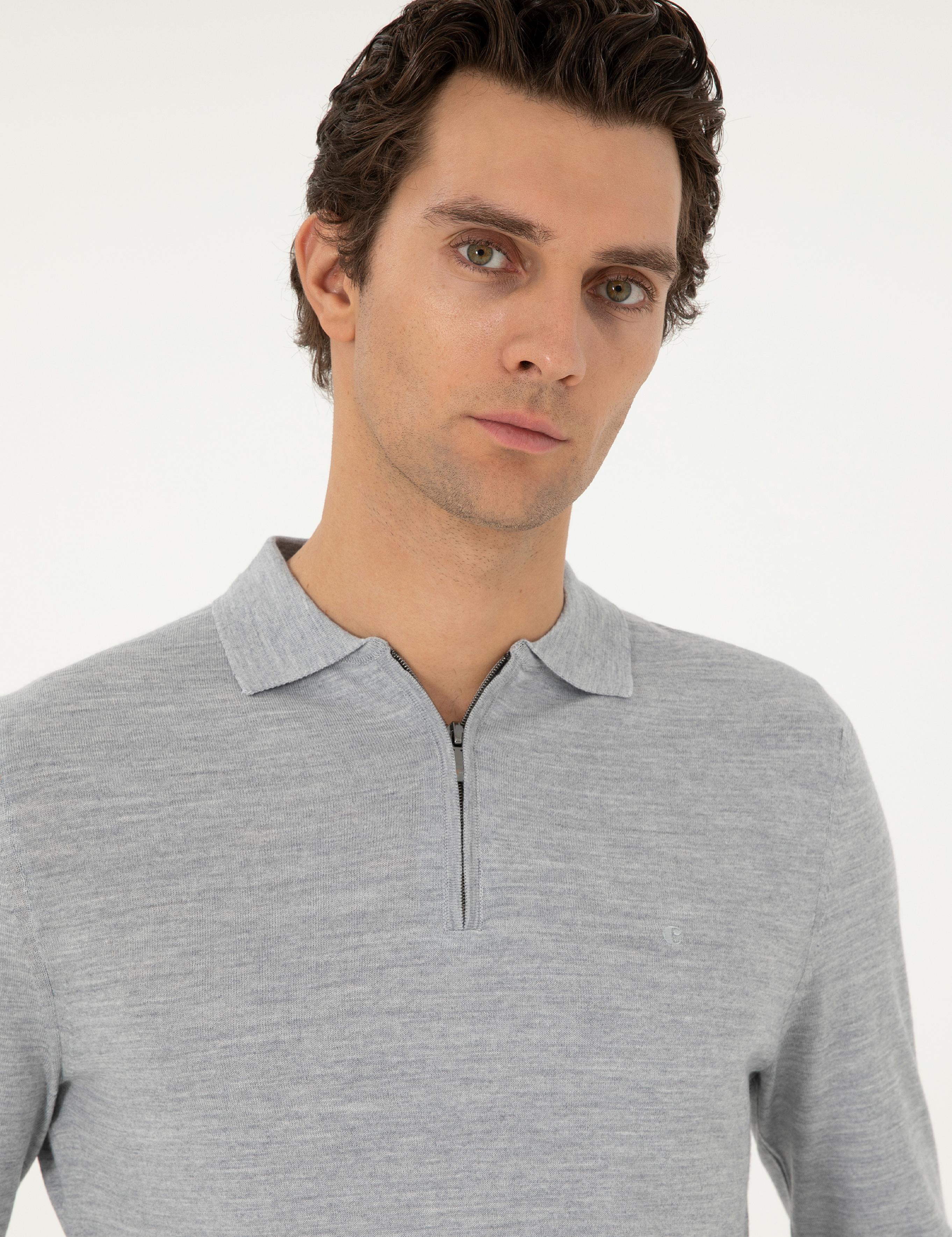 Gri Regular Fit Yün Karışımlı Fermuarlı Polo Yaka Basic Triko Kazak - 50296495035